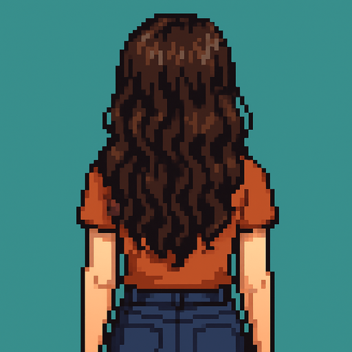 detailed brunette woman from behind pixel art 2d.
In-Game asset.  2d.  High contrast.  No shadows