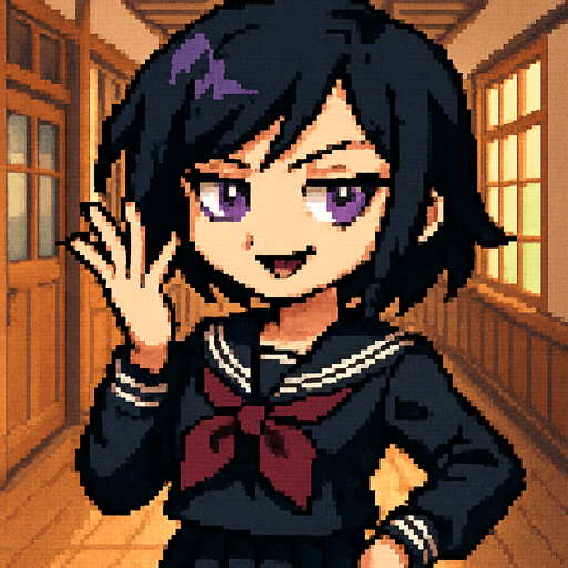 A charming anime-style girl rendered in delightful Pixel Art, featuring an emo aesthetic, striking purple eyes, and a classic Japanese school uniform (sailor fuku).

She confidently strikes the iconic “Ojou-sama pose”:
Her left hand is elegantly lifted near her face, fingers gracefully splayed like a fan, perfectly framing her smug expression.

Her face bears a tilted, self-assured smile, the kind that practically echoes a soft, aristocratic “Ohoho~” laugh. One eyebrow arches subtly, radiating playful confidence and a touch of superiority.

Her right hand rests casually near her waist, loosely clenched into a relaxed fist — an anchor for her graceful yet dominant posture.

Behind her stretches the polished hallway of a Japanese school, complete with sliding doors and sunlit windows, completing the scene with a nostalgic, everyday charm — all captured in the cozy, detailed charm of Pixel Art.