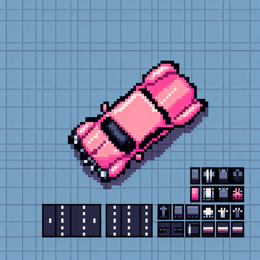 Top-down view of a simple pink car in pixel art style, 64x64 size, designed for an endless driving game, minimal detail, arcade style". straight top. View
Single Game Texture.  In-Game asset.  2d.  Blank background.  High contrast.  No shadows