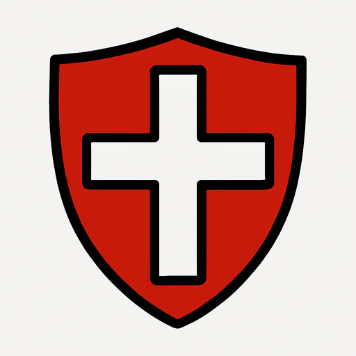 a red shield with a white cross on it.
In-Game asset.  2d.  High contrast.  No shadows