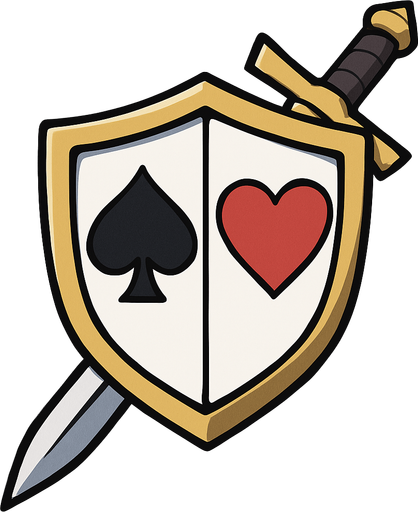 A shield with a spade and heart card suit coat of arms on it with a sword crossed downwards, behind it.  icon. Anime style..
In-Game asset.  2d.  High contrast.  No shadows
