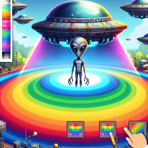 create a rainbow alien in a UFO.
Single Game Texture.  In-Game asset.  2d.  Blank background.  High contrast.  No shadows