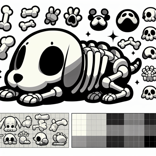 a cartoon skeleton puppy. lying down. head between paws..
Single Game Texture. In-Game asset. 2d. Blank background. High contrast. No shadows.