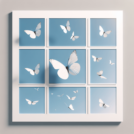 detailled frames of a White butterfly flight.
Zenith view. Grid of frames. Blank background.