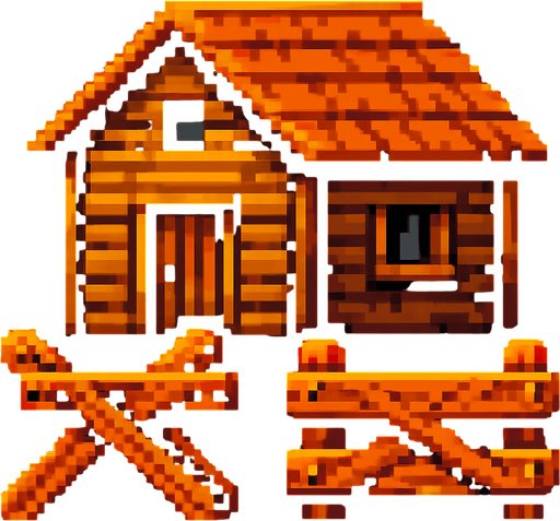 casa de madera con barricadas de pixeles.
In-Game asset.  2d.  High contrast.  No shadows
