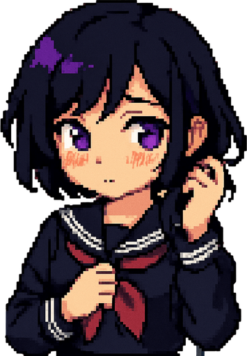 A cute anime-style girl depicted in pixel art, with an emo aesthetic and striking purple eyes. She's wearing a classic Japanese school uniform (sailor fuku). She has a shy expression, with blushing cheeks and an averted gaze. Her left hand is playing with her hair, while her right hand rests on her chest. In the background, there's a typical anime-style classroom.