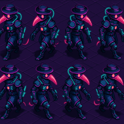 Neon cyberpunk anime top down isometric animatronic plague doctor cyborg demon medic CDC corporate robot monster disease pestilence medicine syringes Walking animation frames