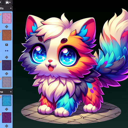 3d cute fluffy colourful kitten big glowing blue eyes.
Single Game Texture. In-Game asset. 2d. Blank background. High contrast. No shadows.