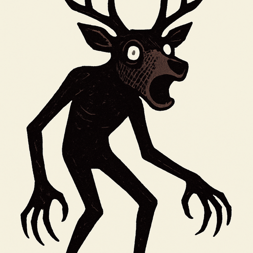 Cabeza de Ciervo: La figura posee una cabeza detallada de ciervo, con astas ramificadas de color oscuro (posiblemente negro o marrón oscuro). Tiene orejas puntiagudas y un hocico prominente de un tono más claro que el resto del cuerpo. Los ojos son grandes, completamente blancos con pupilas negras pequeñas y redondas, lo que le confiere una mirada vacía y sorprendente. La boca está abierta en una expresión que podría interpretarse como un grito o una mueca.

Cuerpo Humanoide: El cuerpo es de forma vagamente humana, con dos brazos largos y delgados que terminan en manos con lo que parecen ser garras o dedos muy alargados. Las piernas son también delgadas y la postura sugiere que está de pie. El color del cuerpo es principalmente marrón oscuro o morado oscuro..
In-Game asset.  2d.  High contrast.  No shadows