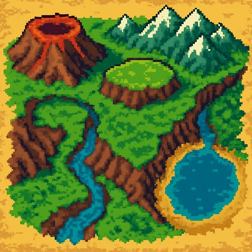 ova ya dağa platoya vadiye göle akarsuya sahip bir harita.
In-Game asset.  2d.  High contrast.  No shadows
pixelart