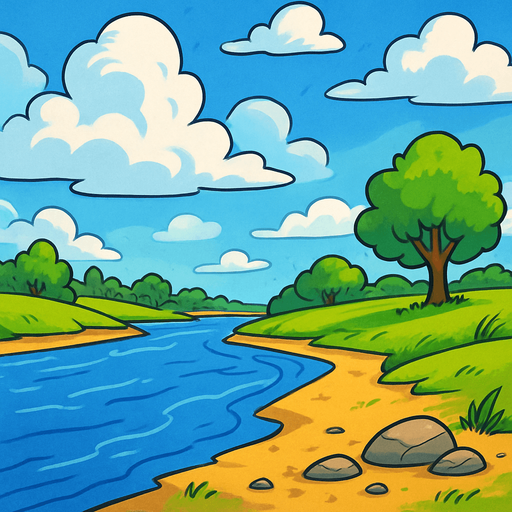 cartoony sky and bank of river