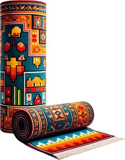 vertically standing rolled up arabic rug.
Retro gaming style