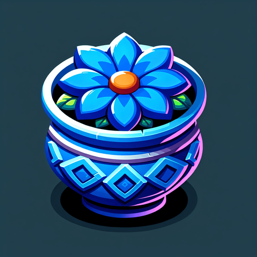 blue flower pot.
Single Game Texture.  In-Game asset.  2d.  Blank background.  High contrast.  No shadows
