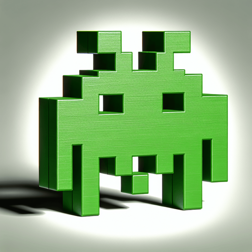 It looks like a bright green space invader.
Single Game Texture. In-Game asset. 2d. Blank background. High contrast. No shadows.