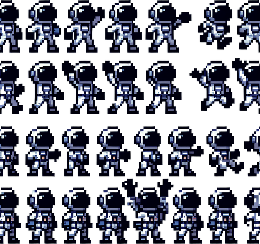 pixelart. A spritesheet containing a number of different views of tiny astronauts in various poses and views, some facing to the sie, some to the front, some with one arme raised, some in midjump, some waving. All with heltmets on. Sprites should be laid out in a rectangular grid with empty space betweem them..
Single Game Texture. In-Game asset. 2d. Blank background. High contrast. No shadows.