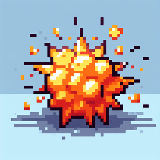 a cartoon explosion. pixel art style..
Single Game Texture. In-Game asset. 2d. Blank background. High contrast. No shadows.