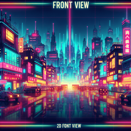 2d front view of a neon city  in the art style of a neon cyberpunk world.
Single Game Texture. In-Game asset. 2d. Blank background. High contrast. No shadows.