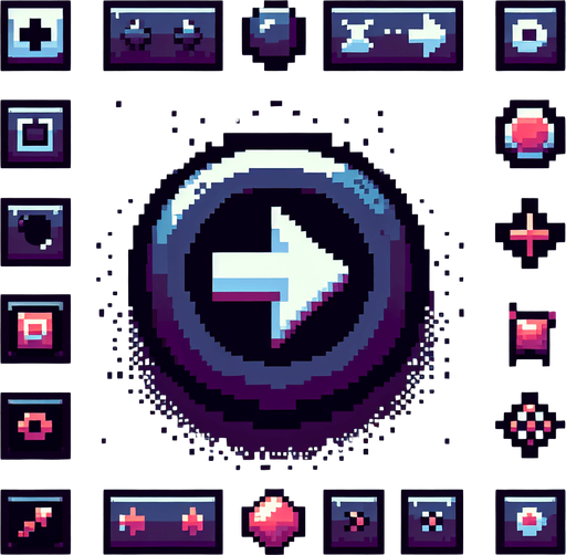 button with an arrow, 8bit pixelart.
Single Game Texture. In-Game asset. 2d. Blank background. High contrast. No shadows.