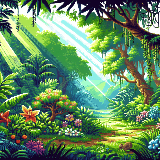 a jungle with light streaming in from above, pixel art

Single Game Texture. In-Game asset. 2d. Blank background. High contrast. No shadows.