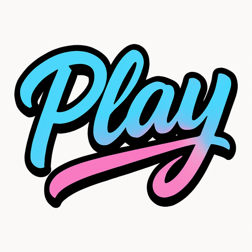 las letras play con un color celeste y rosa combinados con una cursiva
In-Game asset.  2d.  High contrast.  No shadows con contorno negro