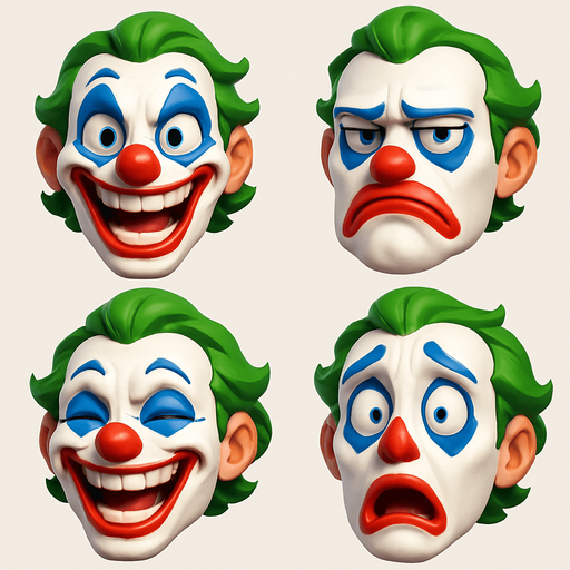 3D funny face meme joker. different faces look. face only
In-Game asset.  3D.  High contrast.  No shadows. face only