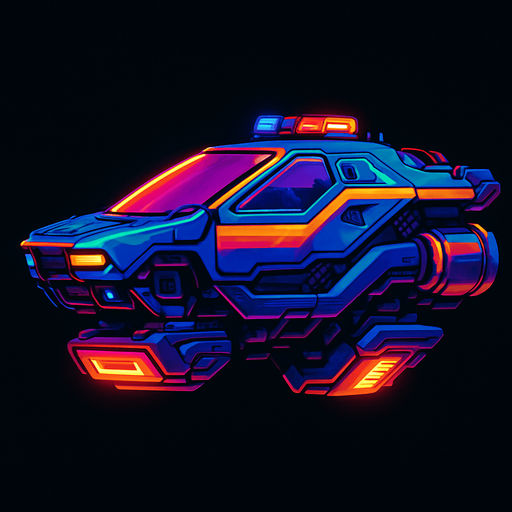Police cyber flying Ship assets without 'police' text, Cyberpunk, Abstract, Futuer, HD colors, Different colors. Horizontal. seen from a side.
In-Game asset.  2d.  High contrast.  No shadows