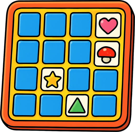 a cartoon style 3d image of a memory match board game with some cards face up and some cards face down..
In-Game asset.  2d.  High contrast.  No shadows