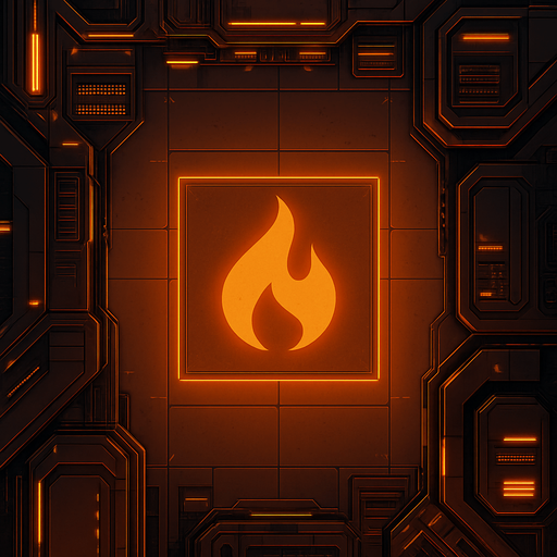 2D Top floor of Flame tower facing the screen to use it as a grid. future. Cyberpunk. abstract. seen from above. HD colors. Orange color. No Diagonal assets. flame logo on the middle of it.