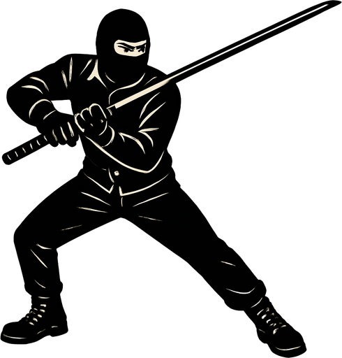 hombre con camisa negra de manga larga, pantalones negros, botas negras y guantes negros y un pasamontañas negro atacando con una katana con un mango negro.
In-Game asset.  2d.  High contrast.  No shadows