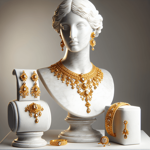 a set of classical gold jewelry on a small display bust