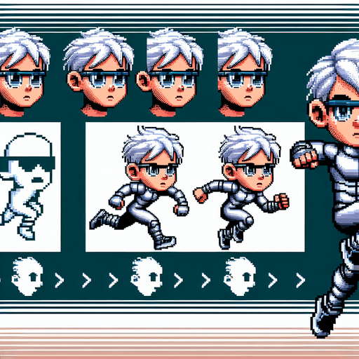 Horizontal Endless Runner Cyberpunk Kid dressed in silver with white hair and shades, running sprite sheet of 2 frames, retro super nintendo graphics..
Single Game Texture. In-Game asset. 2d. Blank background. High contrast. No shadows.