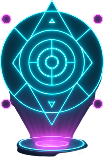 3d hologram neon cyberpunk sigil bullseye symbol magick sacred geometry corporate, logo projection flat symmetrical