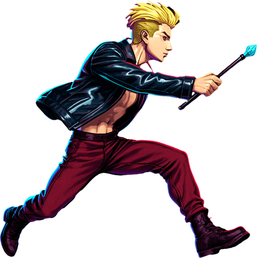 Swishy graceful man Cyberpunk manga, wand pointed straight ahead, arm extended, jump attack, side profile view attack animation, shiny black leather biker jacket longsleeves shirtless Skinny abs blonde pompadour guy, action shot wine red joggers combat boots, Background removed, "Full-body character, entirely in frame, no cropping of face, head, or feet" "Complete character visible, from head to toe, fully centered in the image" "Entire character, including face and boots, fully within the frame" Character fully contained within a square frame, no edges cut off fashion model running pose