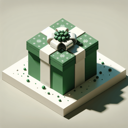 a big green and white christmas gift ornated. isometric view. nothing under. Single Game Texture. In-Game asset. 2d. Blank background. High contrast. No shadows.
