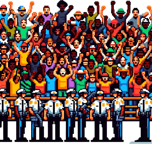 8-bit crowd of police and others cheer.
Single Game Texture. In-Game asset. 2d. Blank background. High contrast. No shadows.