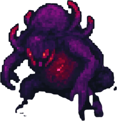 “Top-down 2D pixel art of a corrupted purple biome with twisted terrain and glowing fungal elements. A monstrous purple creature stands or crawls among deformed trees with dark trunks and sickly foliage. The environment is filled with warped nature: crooked trees, glowing red or violet plants, cracked soil with dark veins, and scattered patches of toxic mist. The monster has a grotesque form, with tentacles or spines, and a faint red glow. The scene is rich in environmental details, designed as a high-quality overworld area in a dark fantasy pixel art game.”.
In-Game asset.  2d.  High contrast.  No shadows