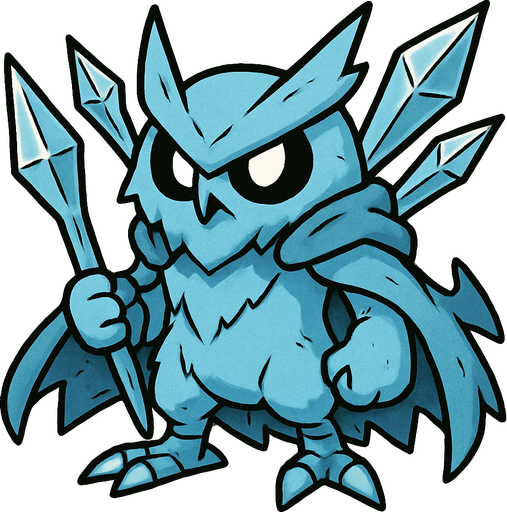 Um monstrinho do tipo Gelo inspirado em Pokémon e Digimon com aparência de Coruja fantasma classe guerreiro com lanças de Gelo nas costas arte com contorno de preto