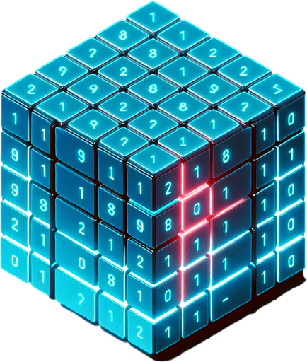 Create an isometric 3D holographic cube resembling a Rubik's cube. The cube should display the top face and two adjacent side faces, each divided into a 3x3 grid of cells. Each cell must contain either a '1' or a '0' in a glowing cyan-blue monospace font, clearly visible on all three visible faces. A few specific cells across the cube should stand out with their binary digits ('1' or '0') highlighted in bright red. The entire cube should have a holographic look, with glowing gridlines separating the cells and a subtle flicker effect. Ensure the cube appears suspended in mid-air, projecting from a base below, with soft lighting and a sci-fi ambiance..
Single Game Texture. In-Game asset. 2d. Blank background. High contrast. No shadows.