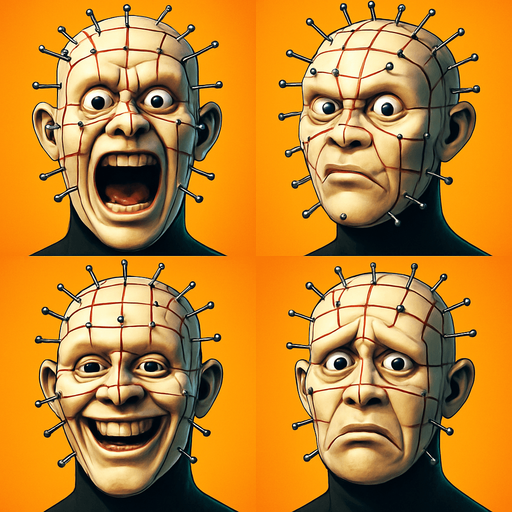 3D Scary but funny face meme "pinhead" from the movie. different faces look. only face
In-Game asset.  High contrast. 3D. No shadows. only face