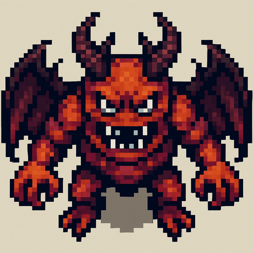 Un enemigo jefe nivel avanzado visto desde arriba, pixel cartoon..
In-Game asset.  2d.  High contrast.  No shadows