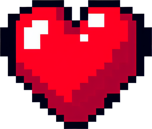 A red heart in pixel style representing the lifes of the player in a video game.
Single Game Texture. In-Game asset. 2d. Blank background. High contrast. No shadows.