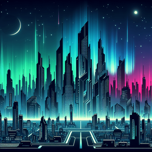 futuristic city background.
Single Game Texture. In-Game asset. 2d. Blank background. High contrast. No shadows.
