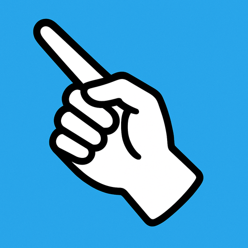 black outline. The back of a hand with a pointing finger pointing to the top-left. Black and white only. Blue background..
In-Game asset.  2d.  High contrast.  No shadows