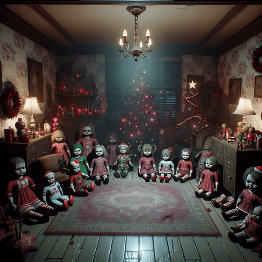 Eerie Christmas-inspired doll room similar to a resident evil room
Single Game Texture. In-Game asset. 2d. Blank background. High contrast. No shadows.