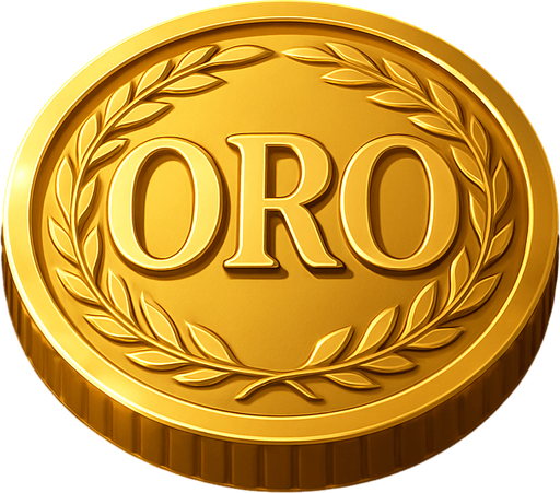 High-resolution digital illustration of a single gold coin lying flat, embossed in the center with the word ‘ORO’ in bold, elegant capital letters. The coin features a finely detailed rim pattern (e.g. laurel wreath or rope motif), a polished metallic surface with realistic reflections and highlights, and a slight bevel on the edges. Dramatic side lighting casts soft shadows, set against a dark gradient background for contrast. Rendered in a semi-realistic 3D style.
In-Game asset.  2d.  High contrast.  No shadows