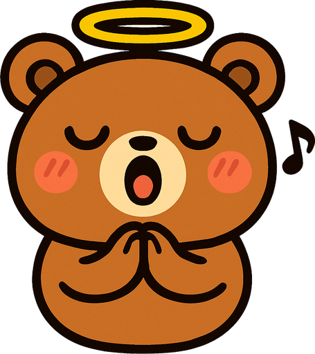 un oso redondito, con una aureola, cara kawai y con los brazitos juntitos como rezando y cantando.
In-Game asset.  2d.  High contrast.  No shadows