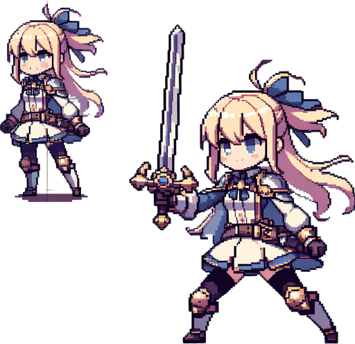 generate a 2d asset pixel art spritesheet of a anime girl knight with two frames. one idle and one attacking with a sword
Single Game Texture.  In-Game asset.  2d.  Blank background.  High contrast.  No shadows