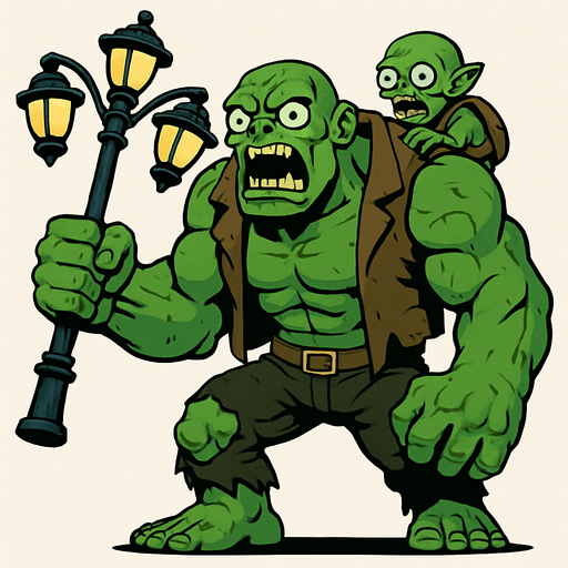 Un zombi gigante y musculoso de piel verdosa. Viste un chaleco marrón roto y pantalones oscuros desgarrados, dejando ver parte de sus piernas. En su mano derecha, blande un poste de luz improvisado con cuatro farolas, usándolo como arma. Sobre su espalda, lleva a un zombi pequeño, sujeto por unas correas. Sus ojos son grandes y saltones, y su boca está abierta mostrando una dentadura irregular, dándole una expresión de furia..
In-Game asset.  2d.  High contrast.  No shadows