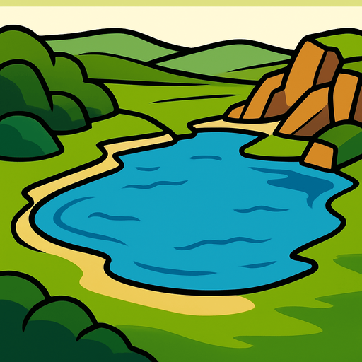 A lake with a 3d view.
In-Game asset.  2d.  High contrast.  No shadows