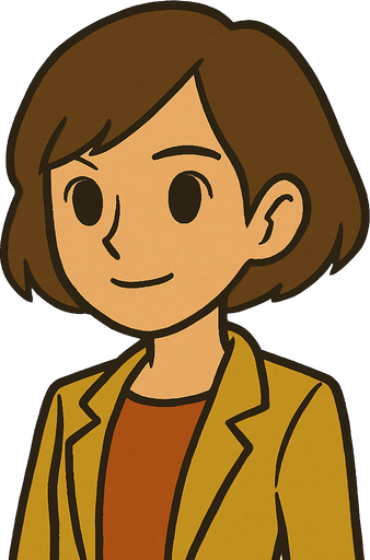 18yo girl with short brown hair professor Layton game style.
In-Game asset.  2d.  High contrast.  No shadows